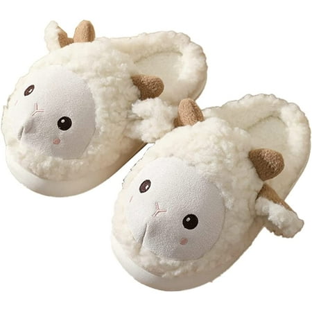 

PIKADINGNIS Cute Fluffy Sheep Slippers for Women Men Warm Furry Faux Fur Plush Anti-slip Winter House Shoes Indoor