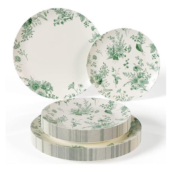 Plastic Disposable Plates Set I 8 Inch Dessert Plates & 10 Inch Wedding Party Plates | & Green Verdure Design (40)