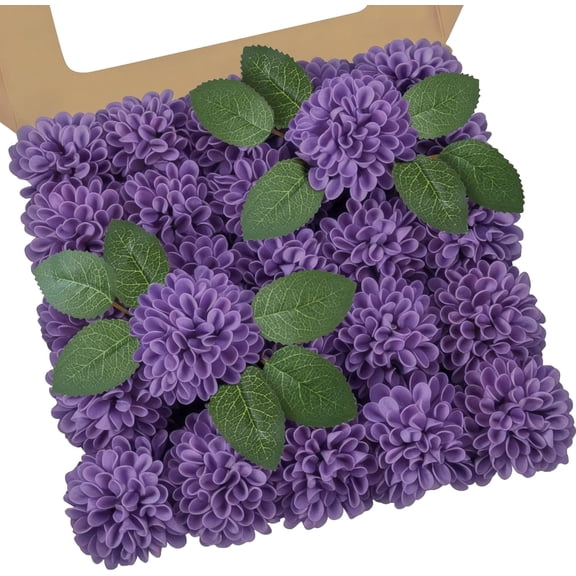 25Pcs Realistic Artificial Dark Purple Dahlia and Rose Flowers with Stems, Fake Flowers for DIY Wedding Bouquets, Centerpieces, Bridal Shower and Home Decor