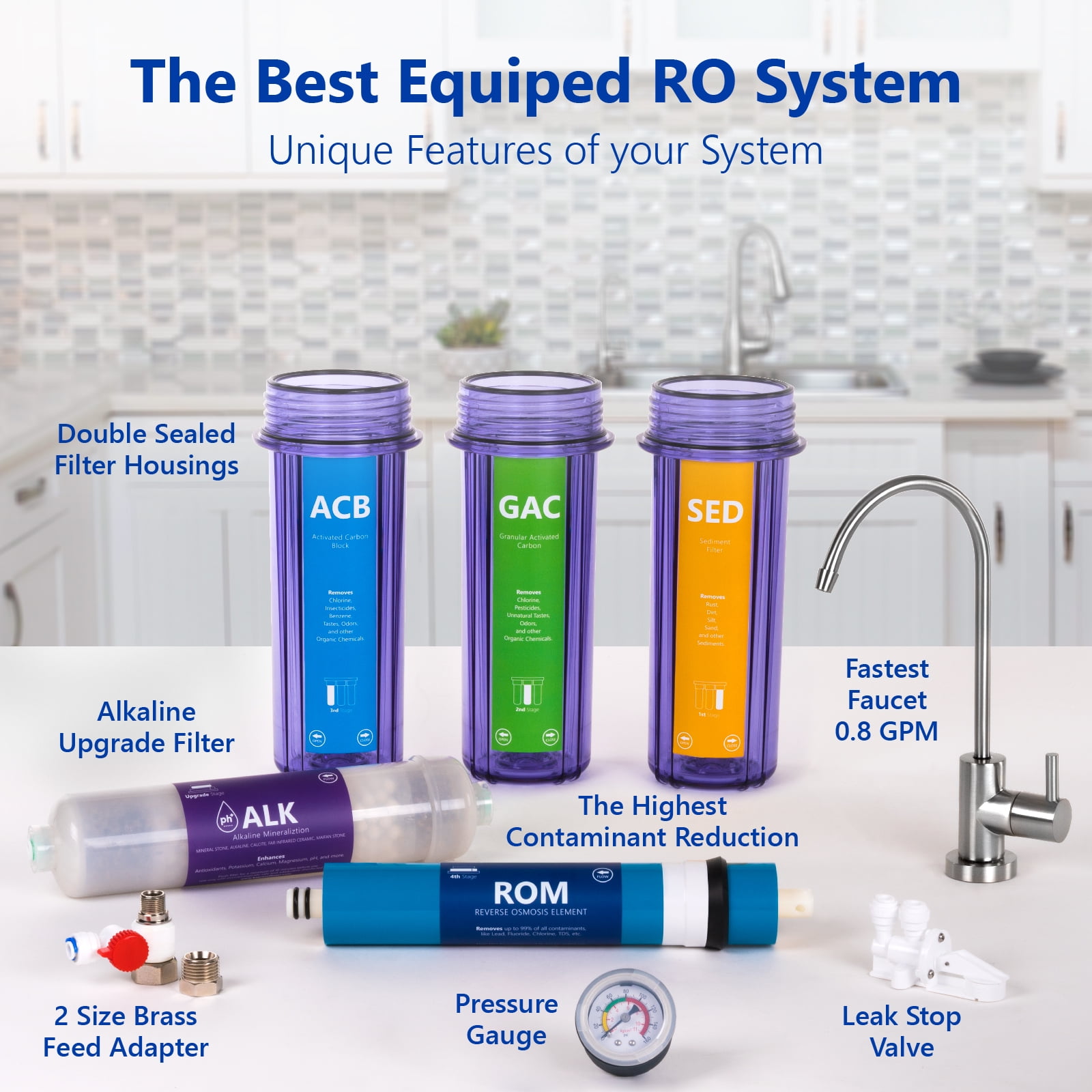 Express Water 10 Stage Home Drinking Filtration System Alkaline pH+ Reverse Osmosis 100 GPD RO Membrane Clear Housing Modern Chrome Faucet Pressure Gauge Residential Under Sink Purification ROALK10MCG