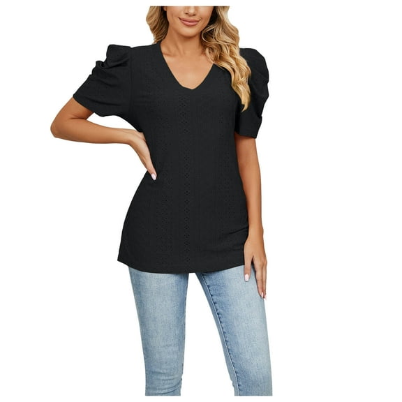 REORIAFEE Fashion Women Plus Size Short Sleeve V Neck Casual Blouse T-Shirt Tops Black L