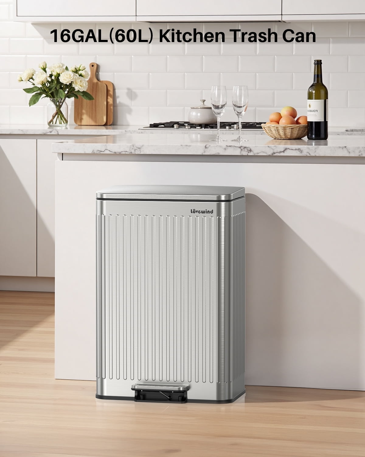 16 Gallon Stainless Steel Trash Can,60L Large Footstep Garbage Can with Removable Inner Bucket, Fits 20-Gallon Bags,Bin for Kitchen Office