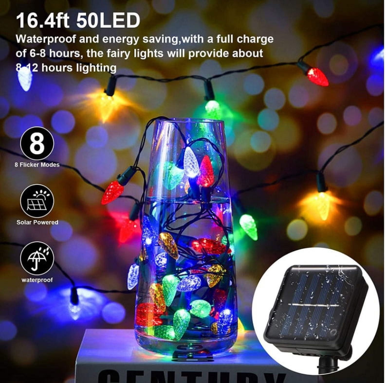 ZOELNIC Solar Christmas Lights Outdoor C6 Strawberry String Lights, 50LEDs Christmas Fairy Lights Solar Operated Rechargeable Gard