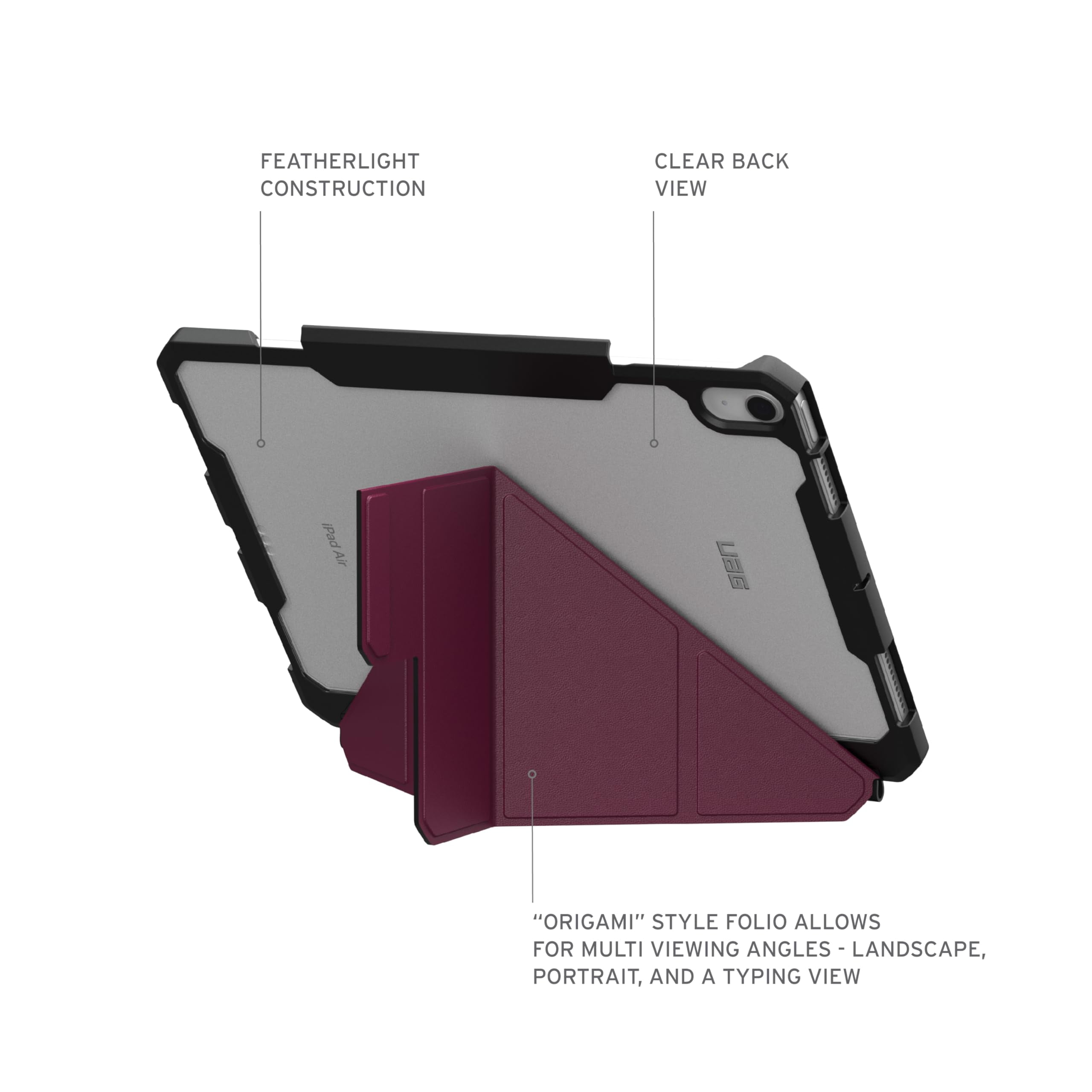 UAG iPad Air 11" Case (6th-8th Gen 2024-2026) M4/M3 - Rugged Adjustable Multi-Angle Stand Auto Sleep/Wake Folio Cover w/Pencil Holder, Essential Armor Bordeaux