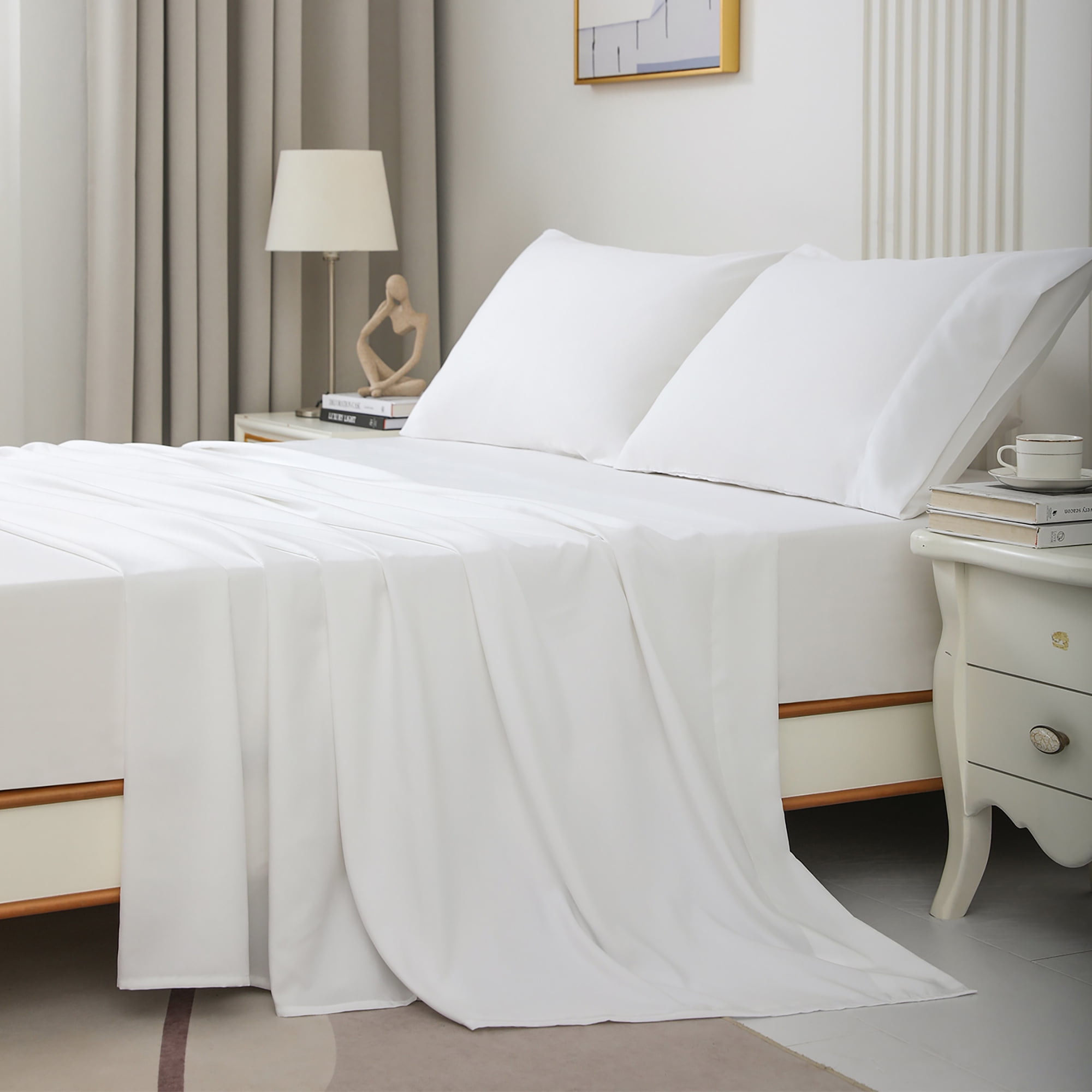 JOHNPEY White Cooling Bamboo Full Sheet Set,Silky Soft Bed Sheets for