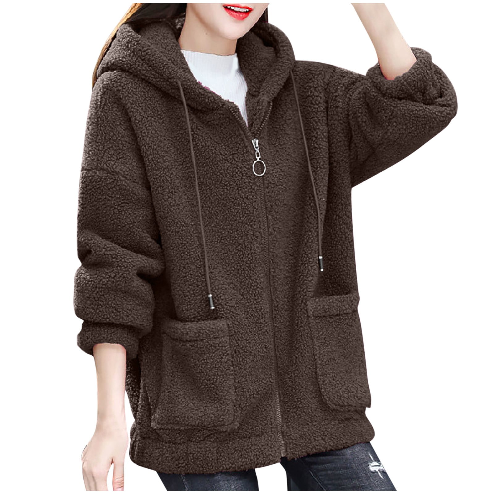 Plus Size Winter Coats for Women M-5X with Pockets and Hooded Fleece Full Zipper Jackets Casual Long Sleeve Loose Solid Warm Outerwear Coat