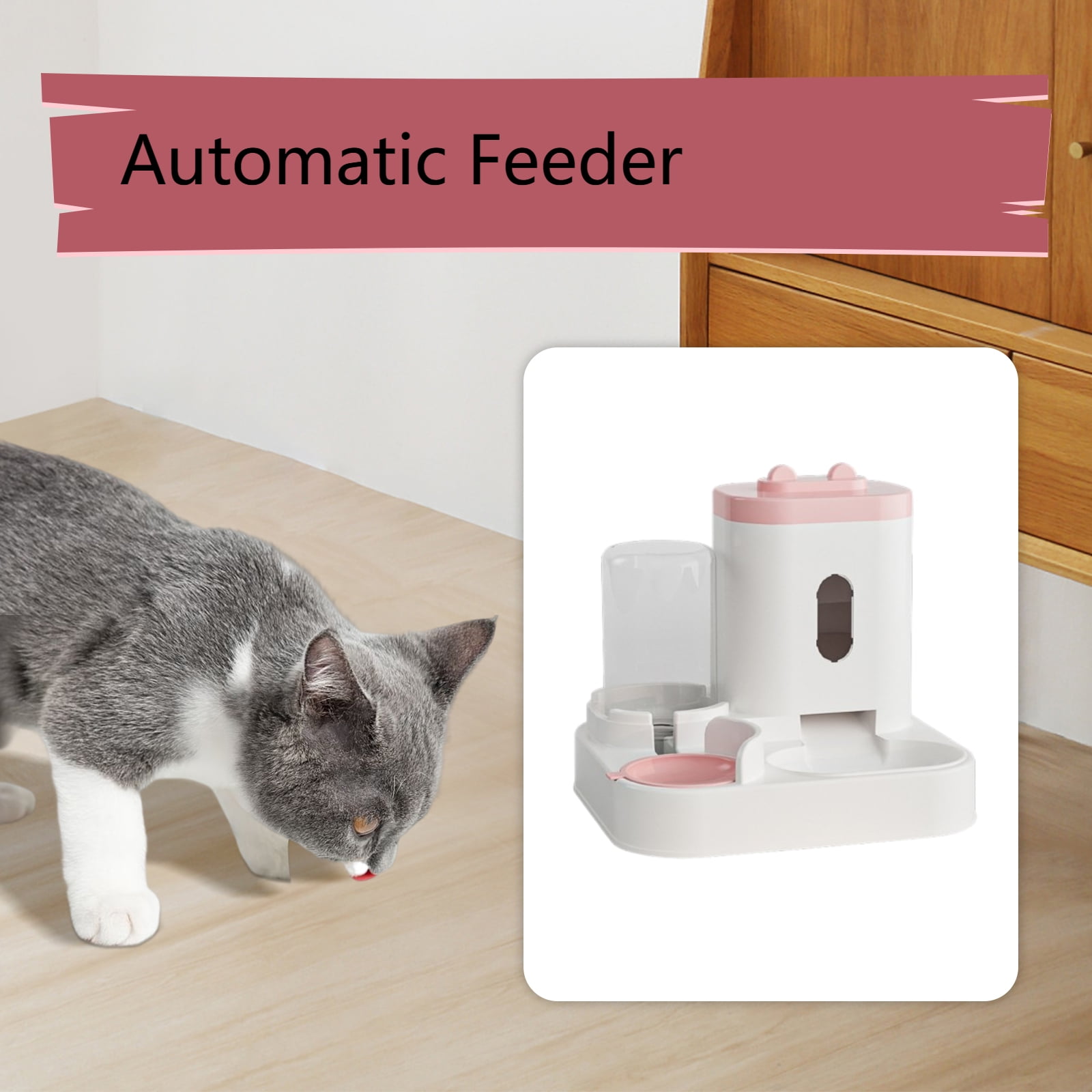 FITYLE 2 in 1 Automatic Pet Feeder Cat Food Dog Water Bowl Double Bowl Dry and Wet Separation Durability Puppy Water Dispenser for Home Pink