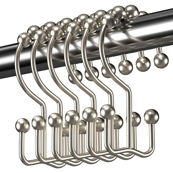 Shower Curtain Hooks Rings, Rust-Resistant Metal Double Glide Shower Hooks for Bathroom Shower Rods Curtains, Set of 12 Hooks - Chrome