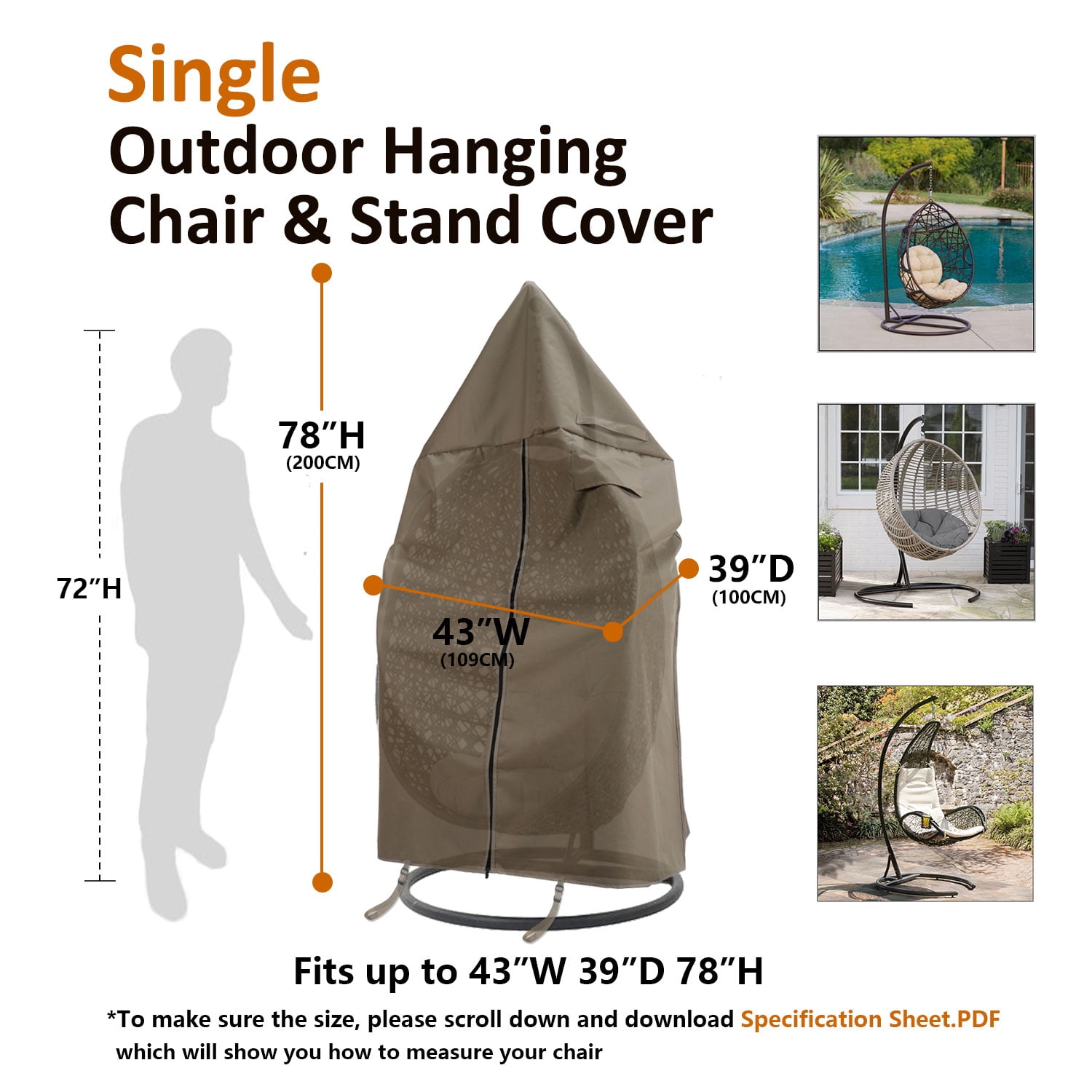 Flexiyard Hanging Egg Chair Cover for Swing Hammock, Outdoor Patio Furniture Cover Heavy Duty Waterproof Lawn Winter Covers