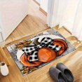 thumbnail image 2 of 1pc Flannel Door Mat - Autumn Pumpkin, Plaid Bow & Gingham Leaf Design in Orange, Black, White - Non-Slip Rubber Backing, Soft Fiber Entrance Mat for Front Door, Kitchen, 2 of 6