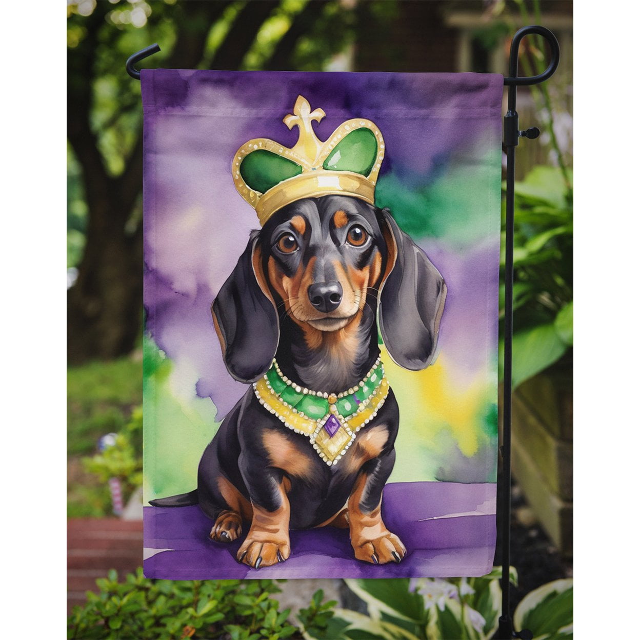 Dachshund King of Mardi Gras Garden Flag 11.25 in x 15.5 in
