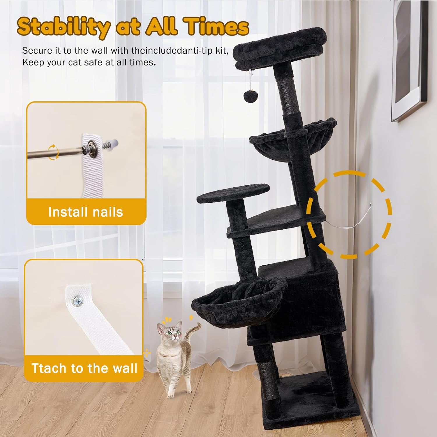 GOXIFACHOY Tall Cat Tree,63in Multi-Level Cat Tower for Indoor Cats Large Adult,Gothic Cat Stand with Scratching Posts,Basket,Condo,Plush Perch,Cats Toys for Climbing,Interactive and Hidden,Black