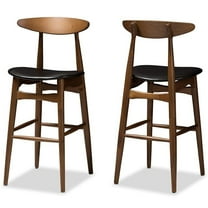 Set of 2 Baxton Studio Flora Mid-Century Modern Black Faux Leather Upholstered Walnut Finished Bar Stool