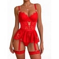 thumbnail image 3 of MINTREUS Lingerie for Women Sexy Rhinestone Heart Garter Underwire Floral Lace Mesh Sheer Babydoll Lingerie Teddy Bodysuit Skirt Set, 3 of 9