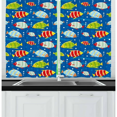 - Nursery Curtains 2 Panels Set, Vibrant Colored Fish on a Navy Blue Background Marine Life Digital Art, Window Drapes for Living Room Bedroom, 55W X 39L Inches, Navy Blue Multicolor, by Ambesonne