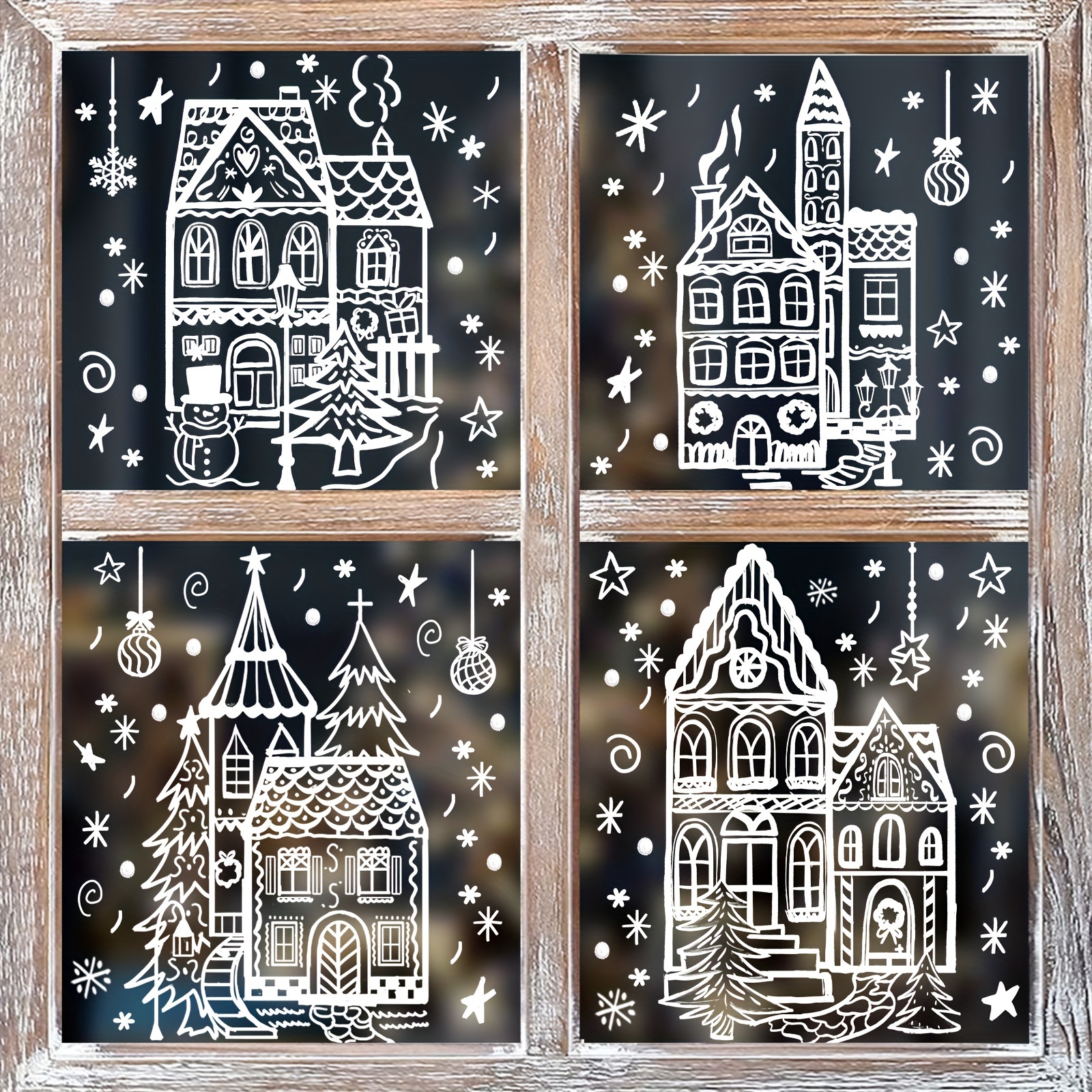 15.7 * 27.5'' Large Christmas Window Stickers 4 Sheets White House Xmas Window Clings Snowman Snowflake Double-Sided Window Decals for Christmas Holiday Party Ornament