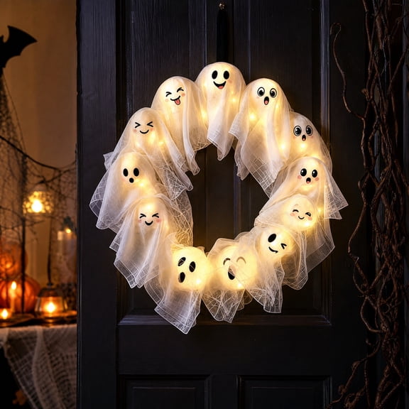 In The Dark Ghost Wreath Halloween Ghost Door Hanging Decoration for Holiday Parties Yard and Indoor Bars Spooky White Fabric Wreath