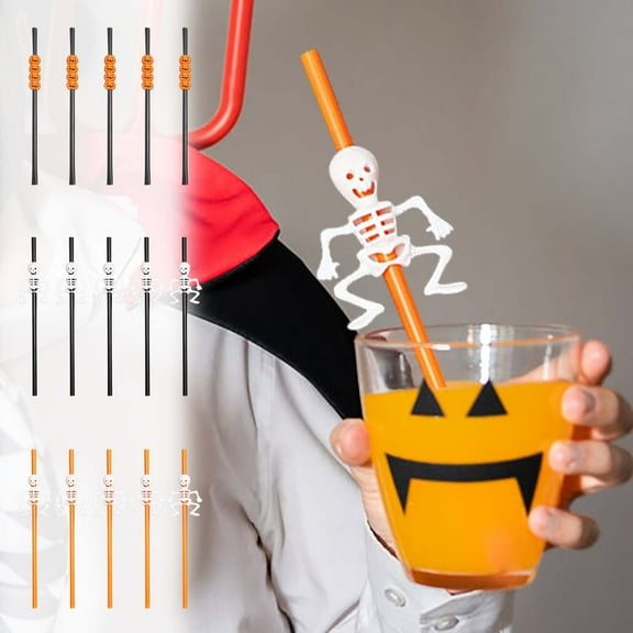 Straw Spoons Plastic, Hwkond 10pcs Halloween Decorations Bar KTV Restaurant Party Halloween Decoration Pumpkin Skull Straws Halloween Straws