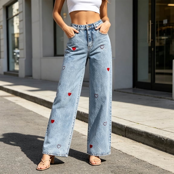 Zormilly Wide Leg Jeans for Women Elastic High Waisted Stretchy Fashion Jeans with Pockets Printed Straight Leg Jeans, 2XS-L