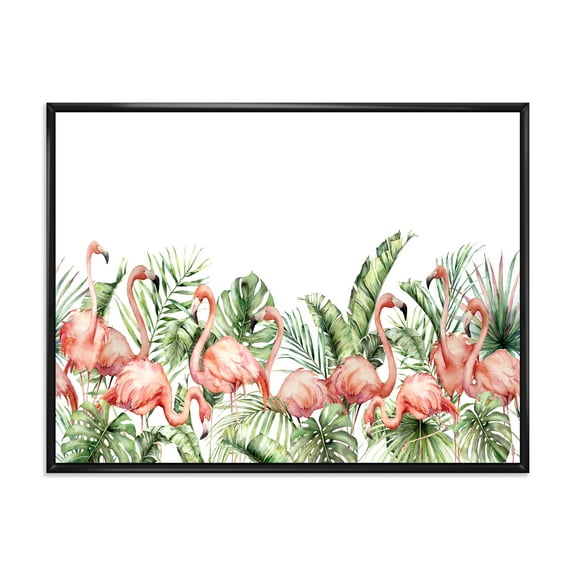 Designart 'Palm Leaves and Pink Flamingos Tropical Birds' Traditional Framed Canvas Wall Art Print