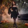 thumbnail image 3 of KLHDSF Women's Renaissance Fairy Dress A Line Boho Corset Dress | Long Bell Sleeves Off-shoulder Dress with Pockets, Comfortable Chiffon, for Ren Fair, Pirate Medival Halloween Themed Party Black S, 3 of 7