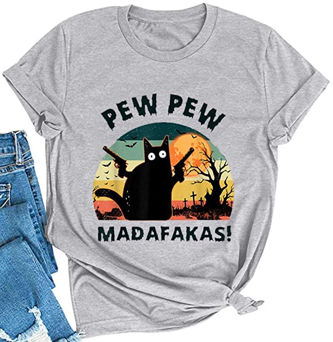 YourTops Women Pew Pew Madafakas T-Shirt Funny Pew Pew Cat Shirt (4-Light Grey,Small)