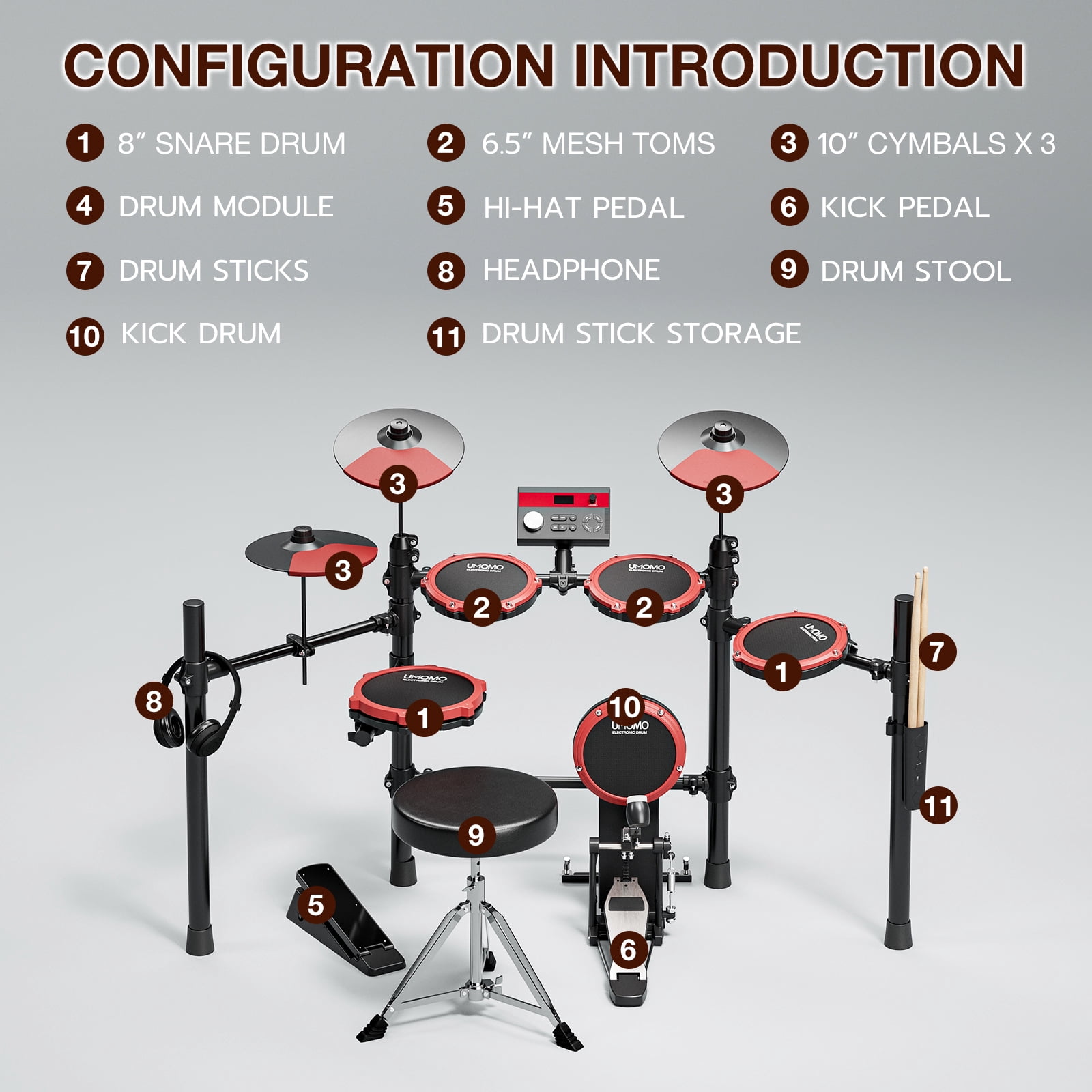UMOMO UMD-772 Electric Drum Set, Electronic Drum Set With Mesh Electric Drum Pads, 225 Sounds, Drum Sticks, Headphones & Audio Cables, Stable Steel Frame, 15 Drum Kits, for Beginner, Red & Black