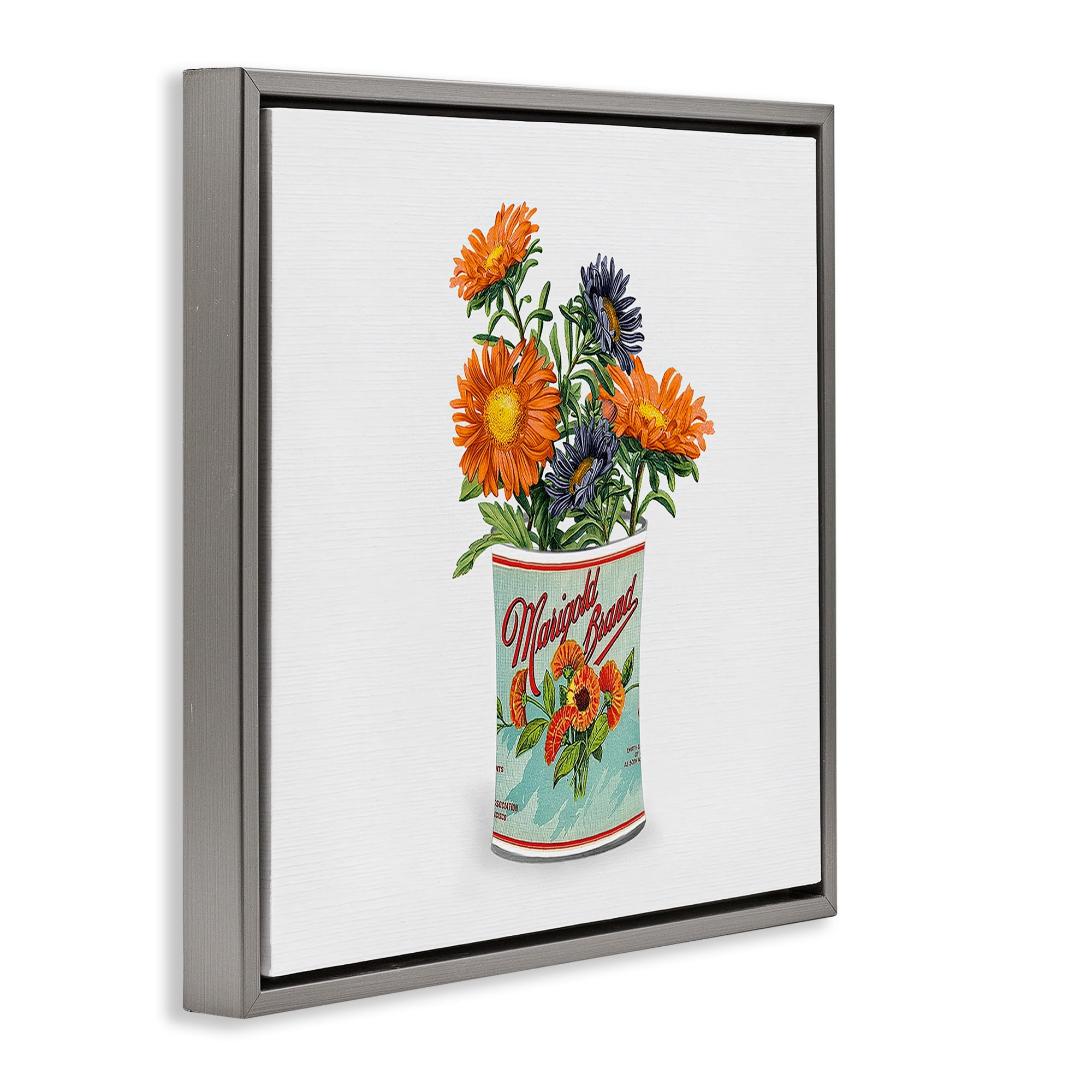 Stupell Industries Nostalgic Marigold Tin Bouquet Gray Framed Floater Canvas Wall Art, design by Val Rhodes