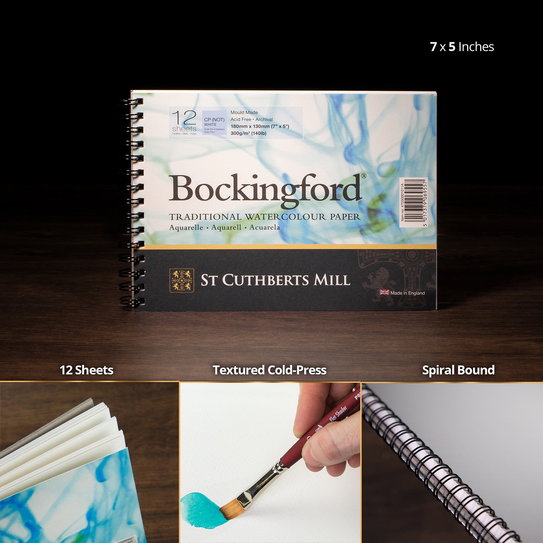 St Cuthberts Bockingford Watercolor Pad, Cold Pressed, Spiral Binding, 140lb/300gsm, 12 Sheet, 5x7 inch, Pack of 3
