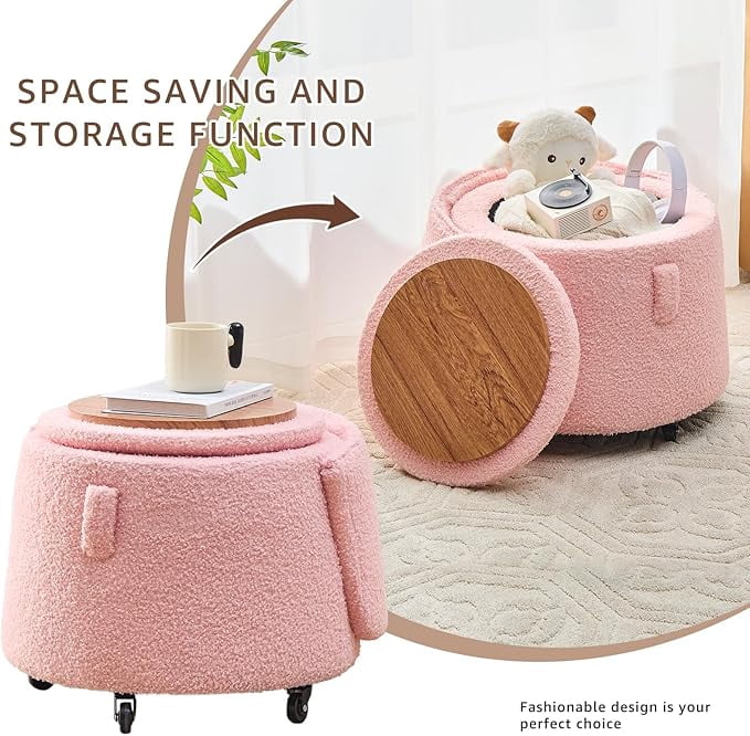 Mxfurhawa Modern Velvet Storage Ottoman – Vanity Stool with Backrest & 5 Rolling Wheels, Small Footstool for Makeup, Bedroom, or Extra Seating (Pink)