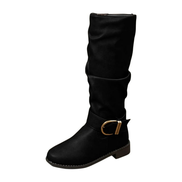 Bottes d'Hiver pour Femmes, Mode Décontractée Hiver Couleur Unie Talon à Boucle Bout Rond Talon Bas Hauteur Genou, Bottes pour Femmes