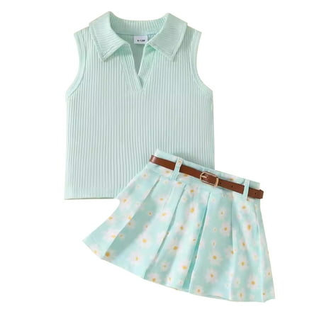 

Summer Baby Girl Clothes Baby Sleeveless Temperament Blouse Pleated Skirt And Belt for Girls Baby Pullover Three Sets 12-18 Months