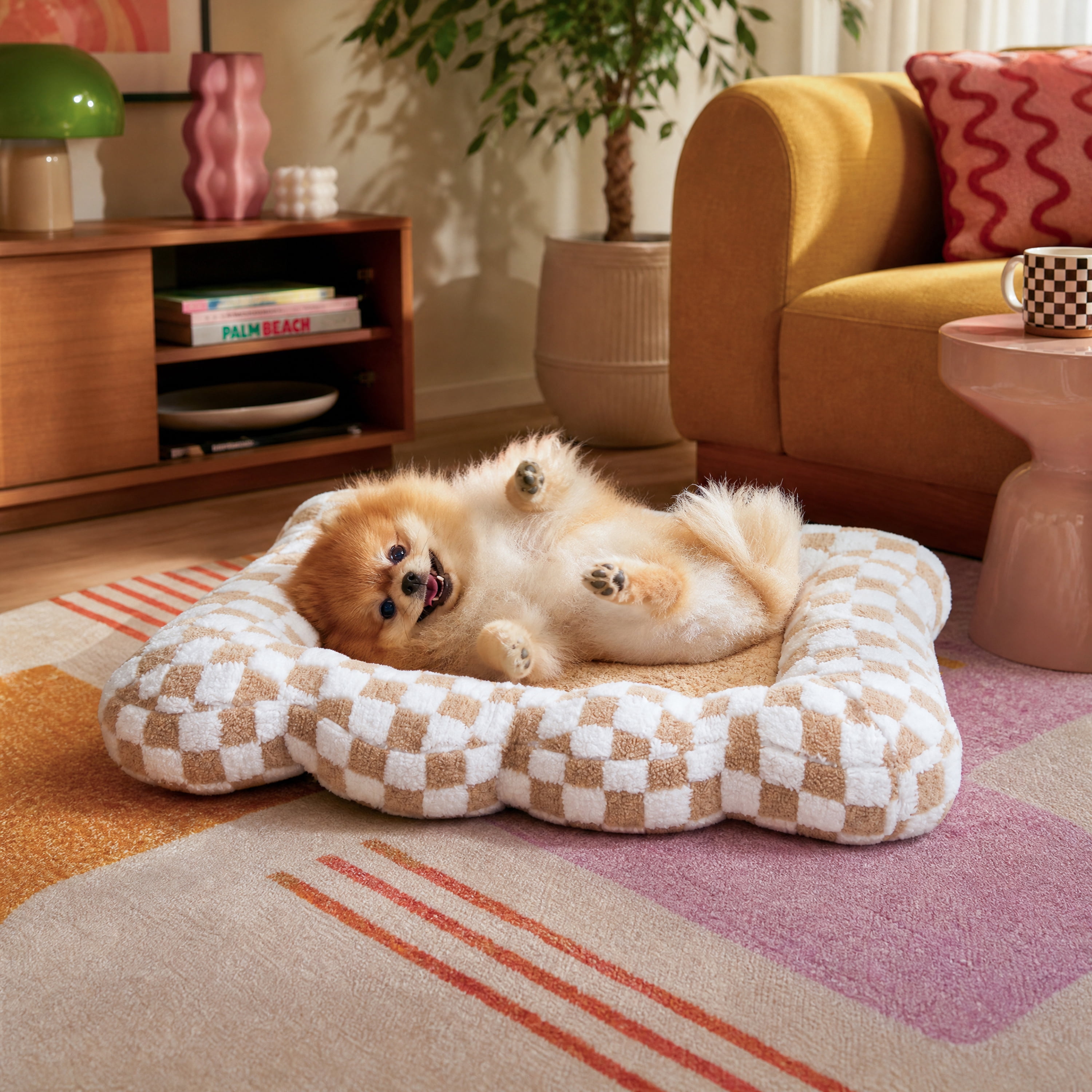 Oodles Checkered Sherpa Cloud Pet Bed, Tan, XL 42" L x 27" W