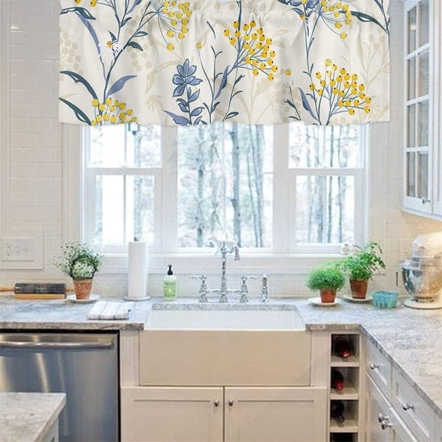 Wildflower Kitchen Curtains Spring Flower Kitchen Valances for Windows, Botanical Print Short Curtains Rod Pocket 54x18in Plant Bathroom Curtains Window Kitchen Decor Small Window Curtains