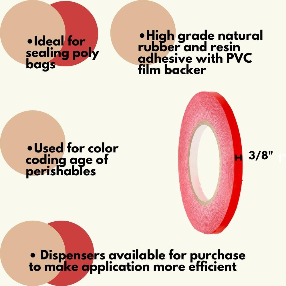 SSBM 3/8" x 180 Yards Red Poly Bag Sealing Tape 2.3 Mil Strong Adhesion Industrial Use, 96 Rolls
