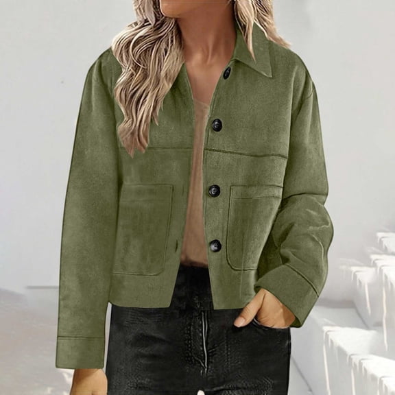 Delayuji Faux Suede Jacket For Women Lapel Casual Button Down Cropped Jacket Long Sleeve Outerwear Coats Work Clothes