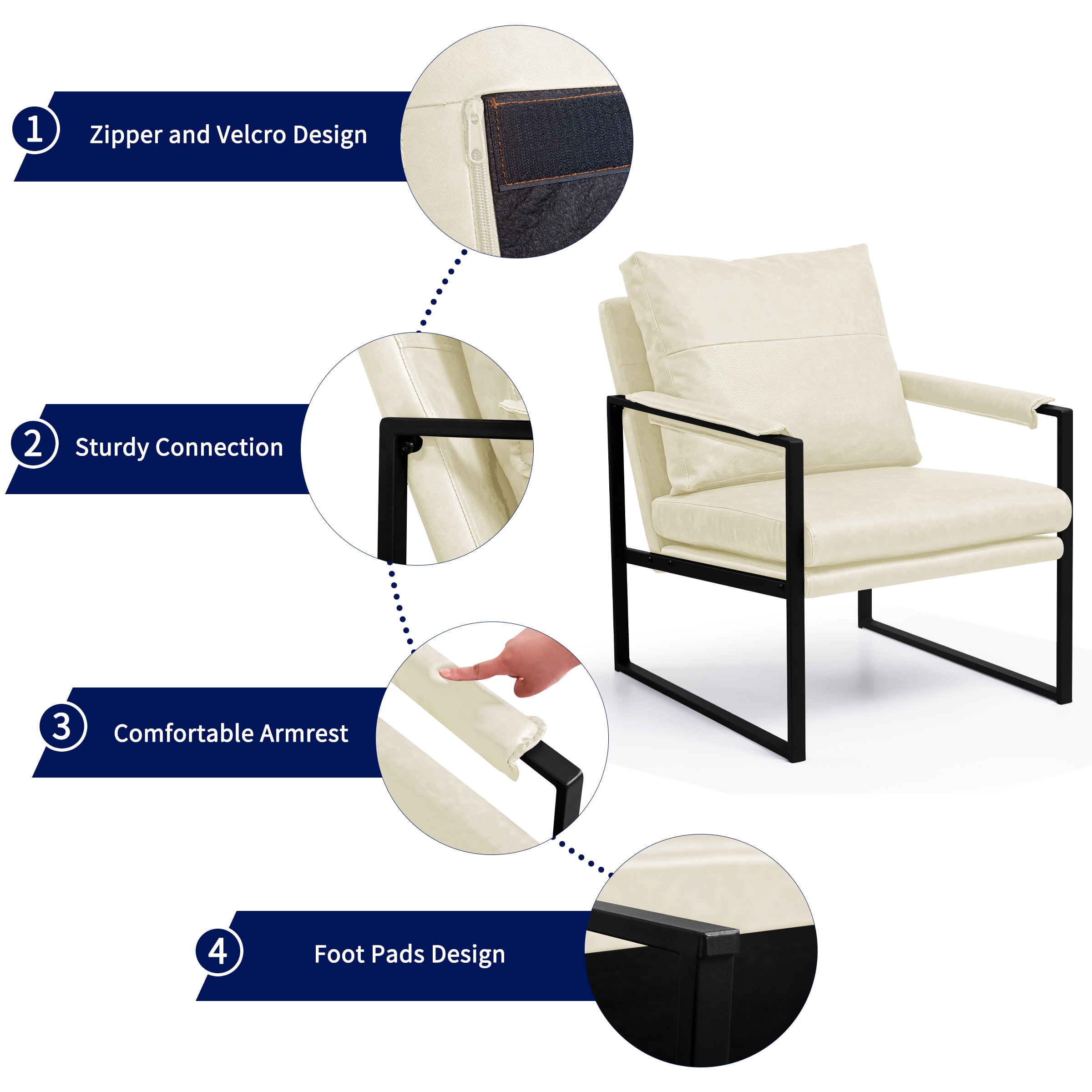 Subrtex Upholstered Modern Accent Chair with Metal Frame, Set of 2, Cream PU Leather