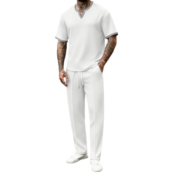 USNSM Men's Solid Color Casual Suits 2 Piece Loose Stretch Waist Long Pants Short Sleeve T-Shirts Suits Tops-Pants Sets White XXL