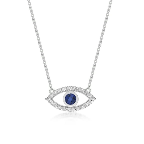 Blue Sapphire Center Gemstone Evil Eye Pendant Necklace for Women in 925 Sterling Silver with White Sapphire on 18 Inch Long Adjustable Chain and Lobster Claw Clasp by Lavari Jewelers
