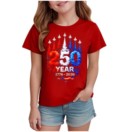 Akiihool Kids American Flag Tee Girls July 4th Tops Patriotic Shirt American Flag Short Sleeve Tshirts for Girl Size 7-8 Years