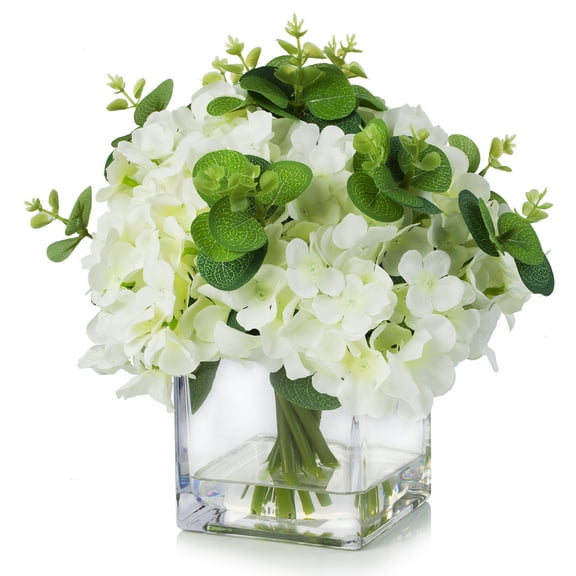 Enova Home Mixed Artificial Silk Hydrangea and Eucalyptus Leaves Fake Flowers Arrangement in Cube Glass Vase with Faux Water for Home Office Wedding Decoration(Cream)