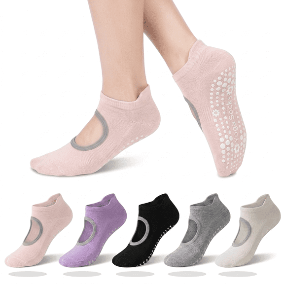ROSEXIXI 5 Pairs Pilates Socks, Open Back Non Slip Yoga Socks, Breathable Cotton Grip Socks for Women, Anti-Skid Round Toe One Size for Barre Home Workout, Black Grey Pink Purple Beige