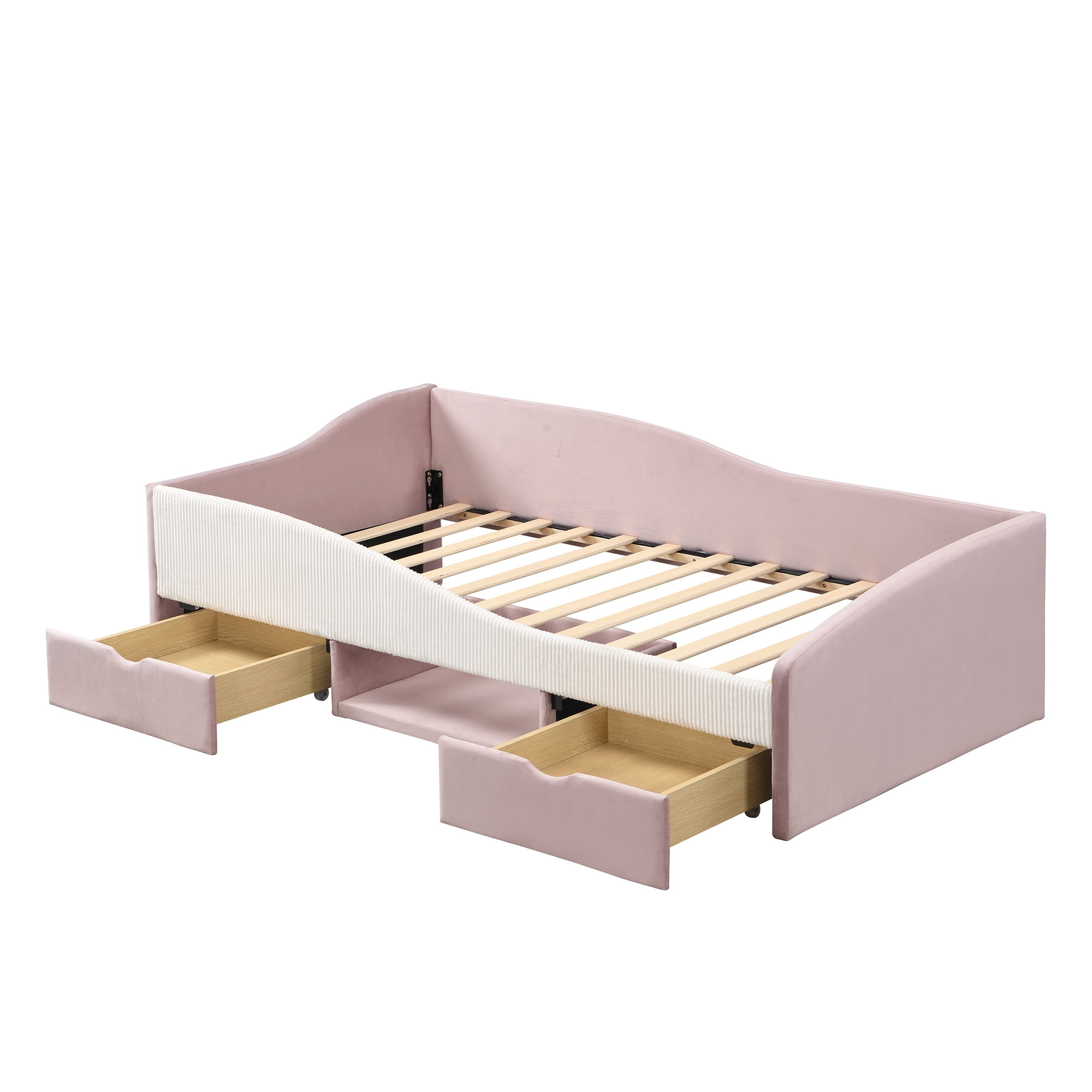Aukfa Twin Size Upholstered Daybed with 2 Storage Drawers, Shelf and Curved Guardrails, Velvet Bed Frame, Pink