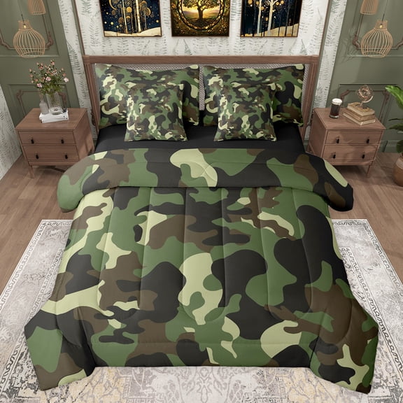 Castle Fairy Brown Green Camo Twin Bedding Sets 7-Piece for Kids Children Teens,Plaid Camouflage Bedding Comforter Set Microfiber,Abstract Geometric Breathable Sheet Sets,Super Cozy Room Decor
