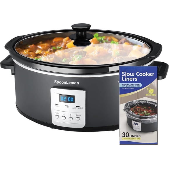 7QT Electric Slow Cooker with 20h Programmable & 3 Heat Settings, Large Capacity Cooker with Digital Timer, Compatible with 30 PCS 13"X21" Cooking Liners, Oval Ceramic Pot for Kitchen Appliances