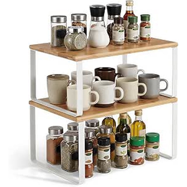 SONGMICS Organizadores de Cocina, Juego de 4 Estantes de Cocina, Apilables, Expandibles, Metal y Madera de Ingeniería, Blanco y Natural