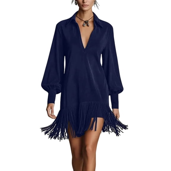 Women's Western Cowgirl Vintage Suede Dress,Sexy Long Sleeve V Lapel Fringe Hem Mini Dresses for Women 2026 Trendy Navy 2XL