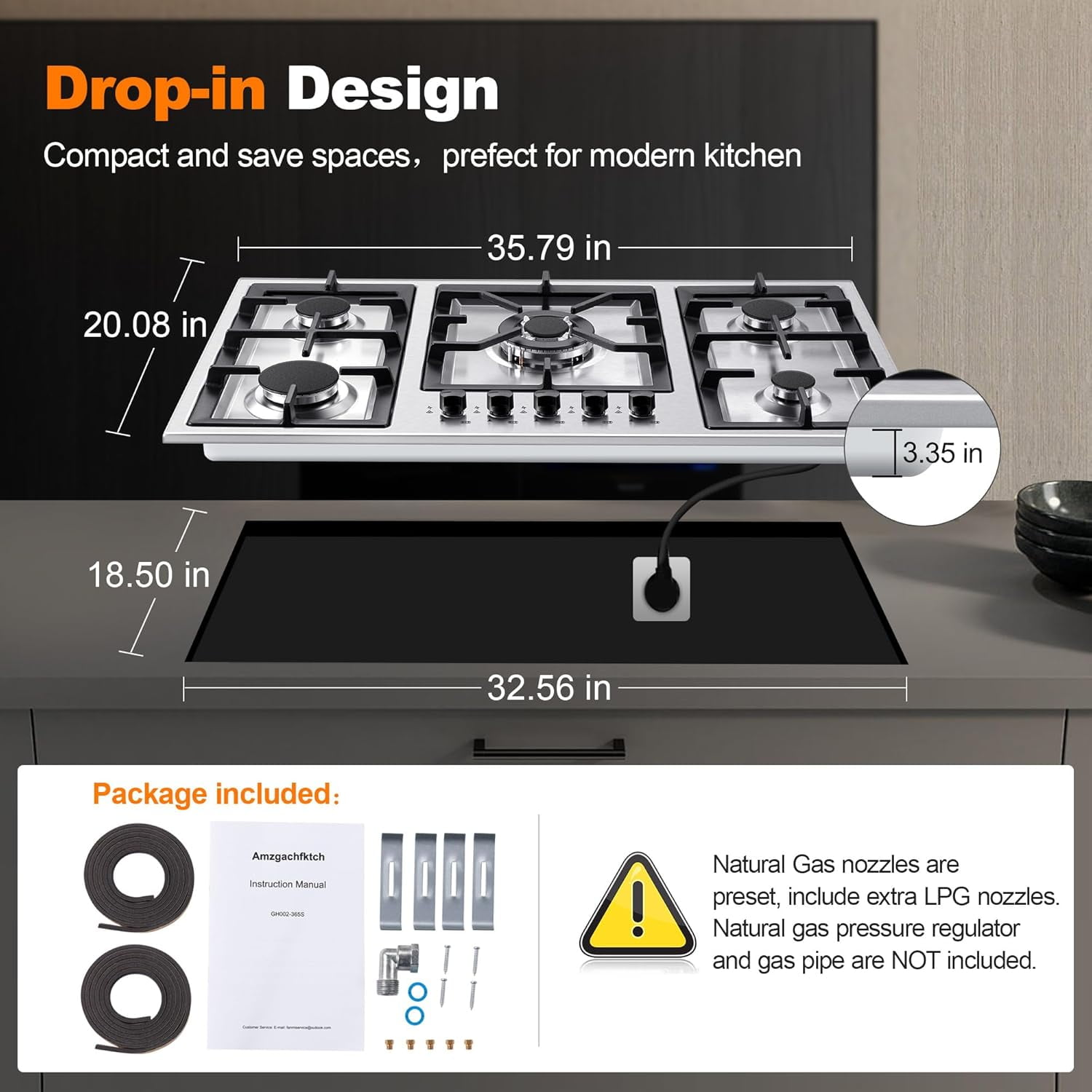AMZGACHFKTCH 36 Inch Gas Cooktop with 5 Burners, Stainless Steel, LPG/Natural Gas Convertible, Thermocouple Protection