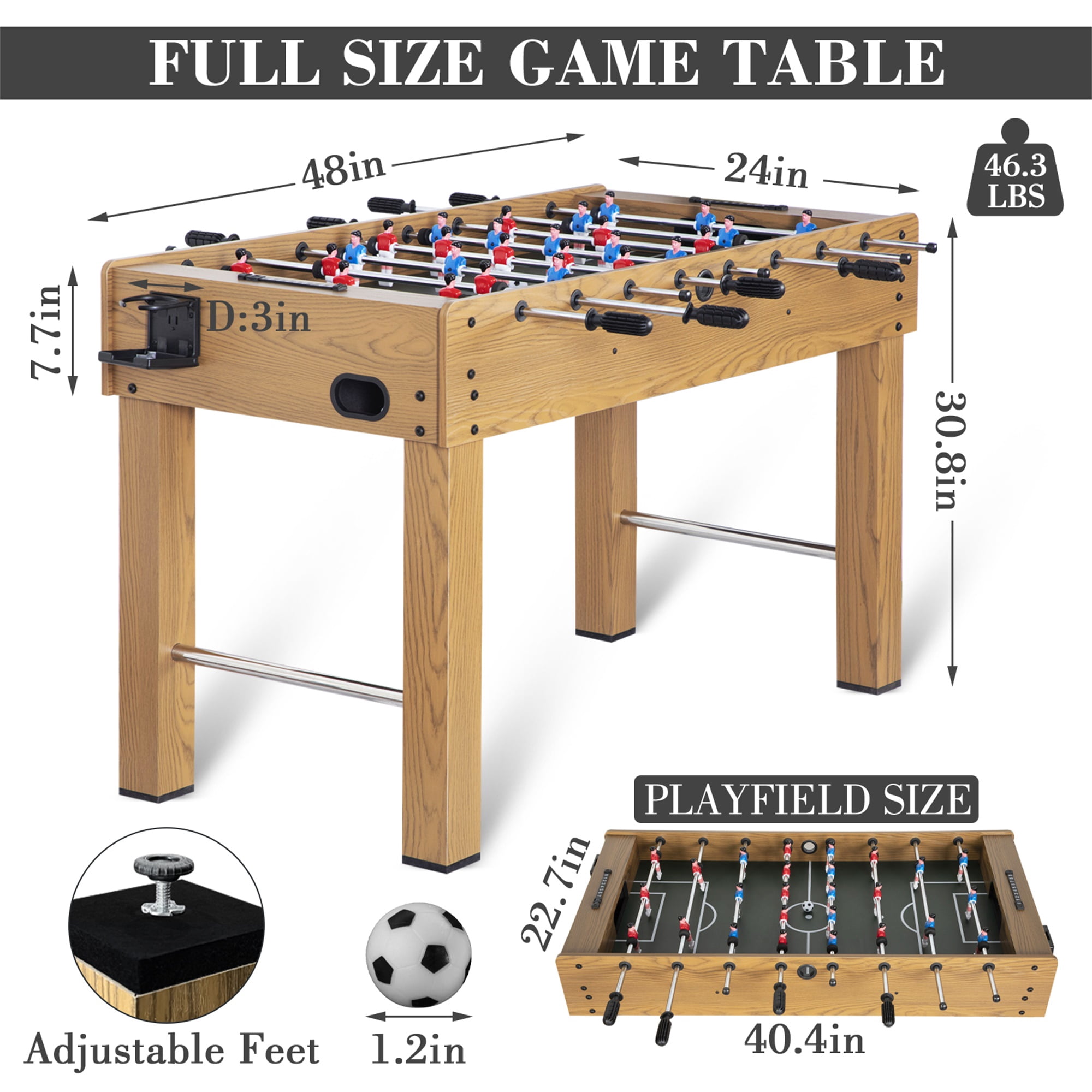 RayChee 48in Foosball Table, Competition Sized Soccer Table w/ 2 Balls, 2 Cup Holders for Game Room (Wood Grain)