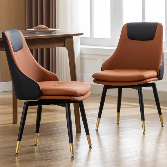 Hausfame Mid-Century 360 Swivel Dining Chairs Set of 2, Two-Tone Faux Leather Accent Chairs with Gold Legs, Saddle Brown